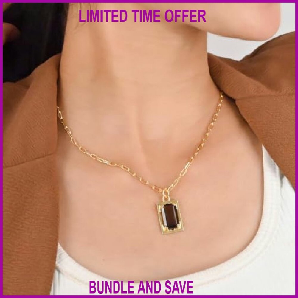 Gold Plated Rectangular Gemstone Necklace Adjusta… - image 3